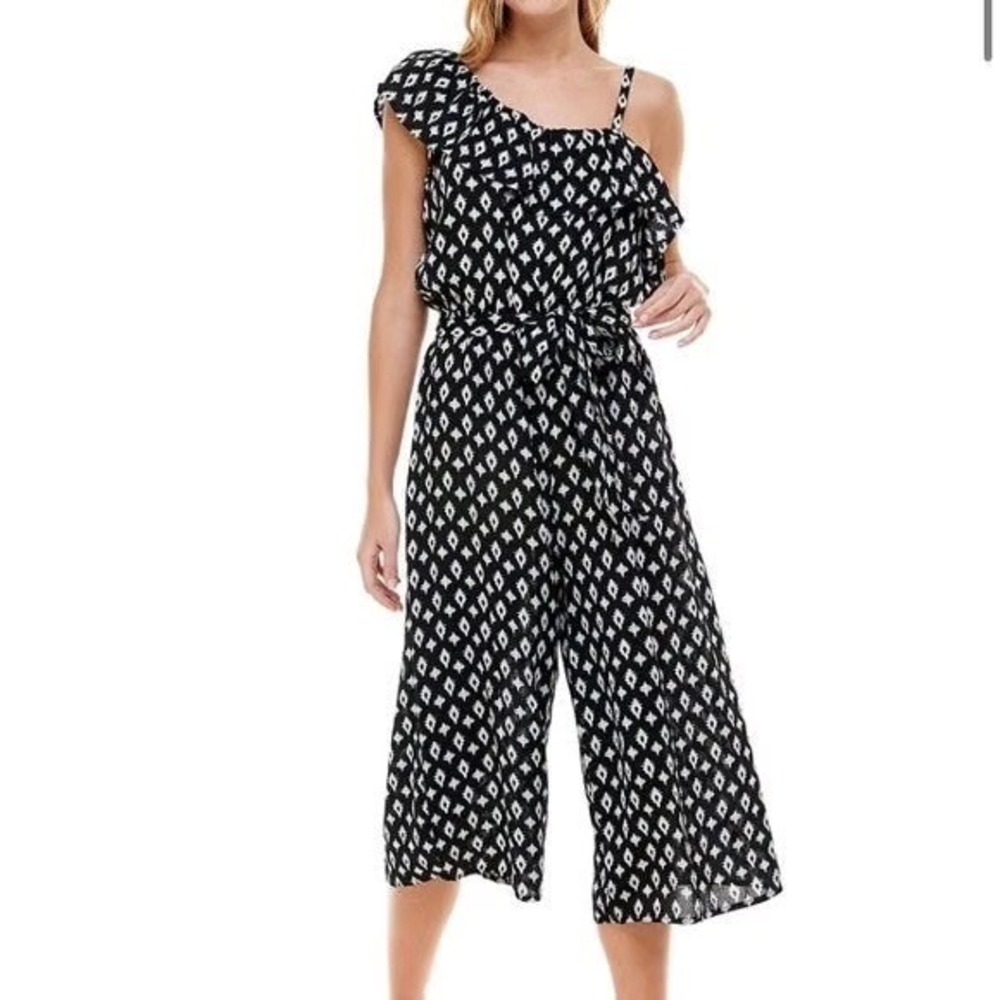 As U Wish Womens Black White Ikat One Shoulder Ruffle Wide Leg Jumpsuit Large